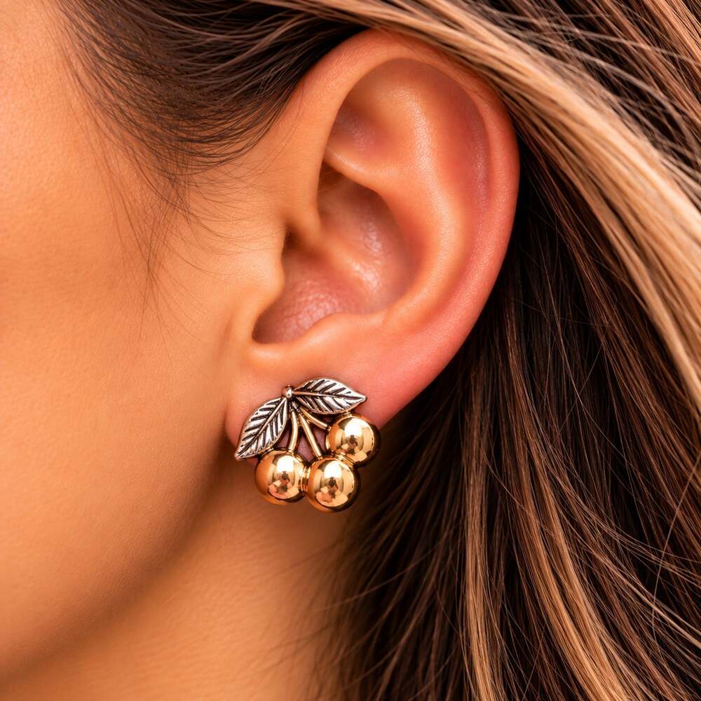 Dainty Gold Tone Cherry Stud Earrings Silver Tone Leaves Fruit Cottagecore